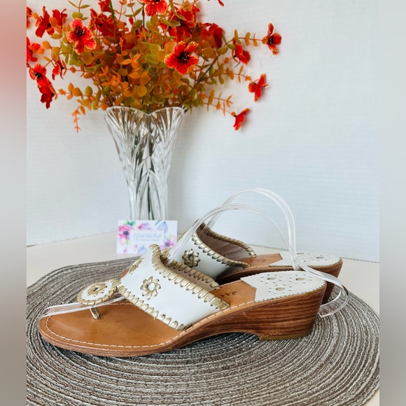 JACK ROGERS Shoes - JACK ROGERS USA Sandals “Hamptons”Platinum (Retired) Mid-Wedge White w Gold Trim